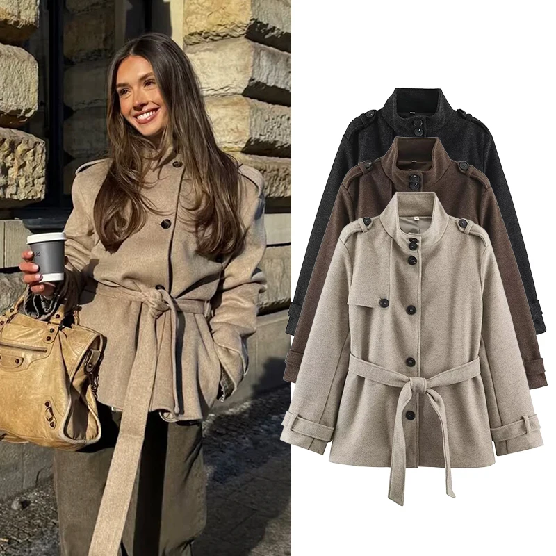  Women's Woolen Coat Button Decoration Mid Length Wool Blends Coat Woman Lace Up Overcoats Office Lady Elegant Outerwears Tops