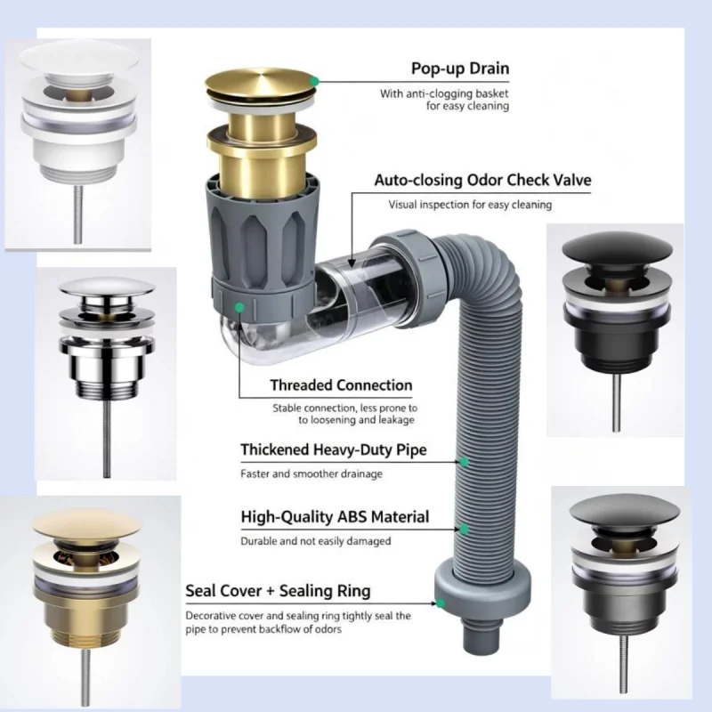 Chrome Basin Bottle Trap Brass Bathroom Sink Siphon Drains With/Without General Pop Up Drain Grey P-TRAP Telescopic Pipe Waste