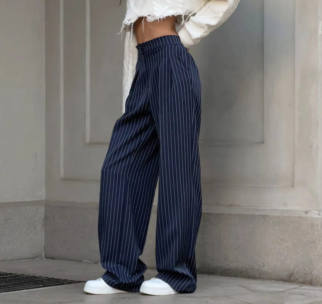 High Waisted Straight Leg Wide Leg Pants For Women's Clothing 2024 Autumn/Winter New Navy Striped Fashionable Casual Pants