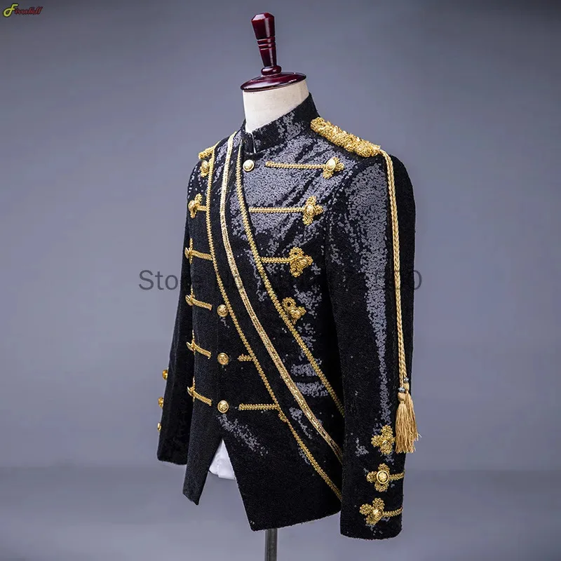 

Zizi 2025 взрослые мужские костюмы для косплея с блестками в стиле стимпанк, готический пиджак, куртка с воротником-стойкой и кисточками, дизайн пиджаков для ночного клуба, вечеринки X