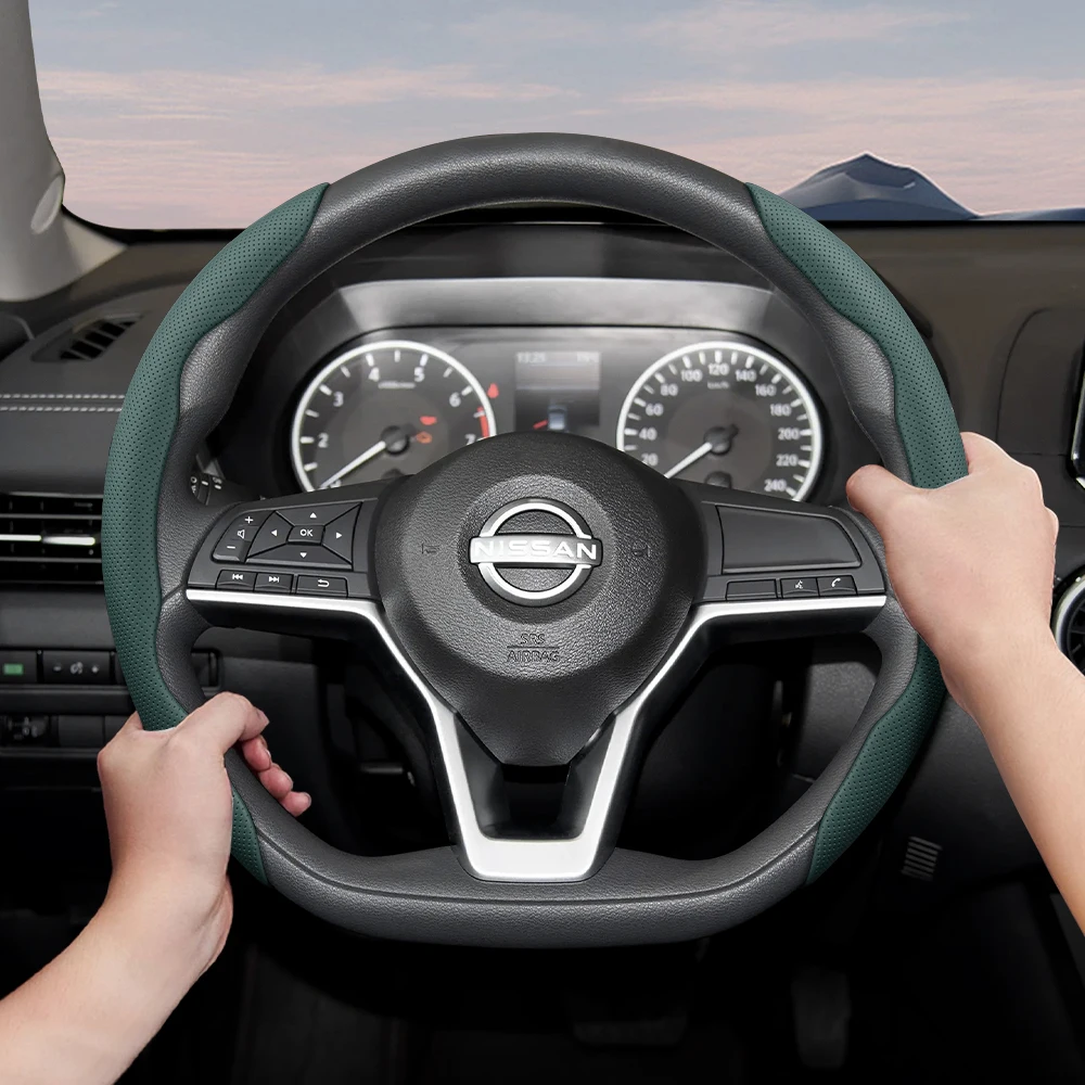 

Suitable for Nissan Breathable Holes Leather Steering Wheel Cover Segmented Qashqai J10 March Terrano2 Pathfinder R51 Note GTR
