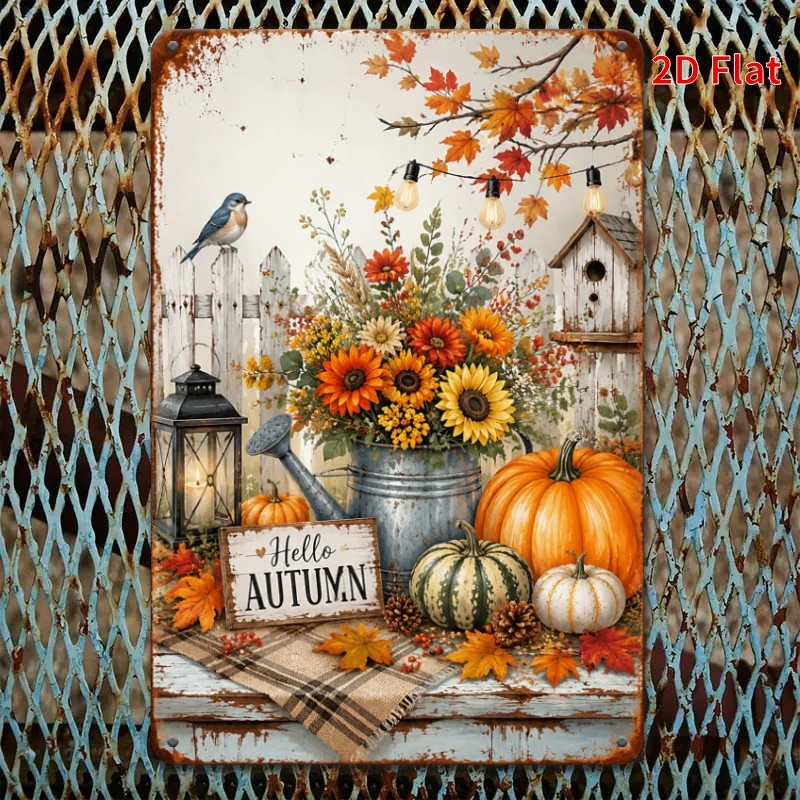 2D Flat - [2Dflat], 1pc 30X20Cm- Fall Garden Tin Sign, Hello Autumn Sunflower Pumpkin Bird Vintage Metal Decorative Signs, Farmh