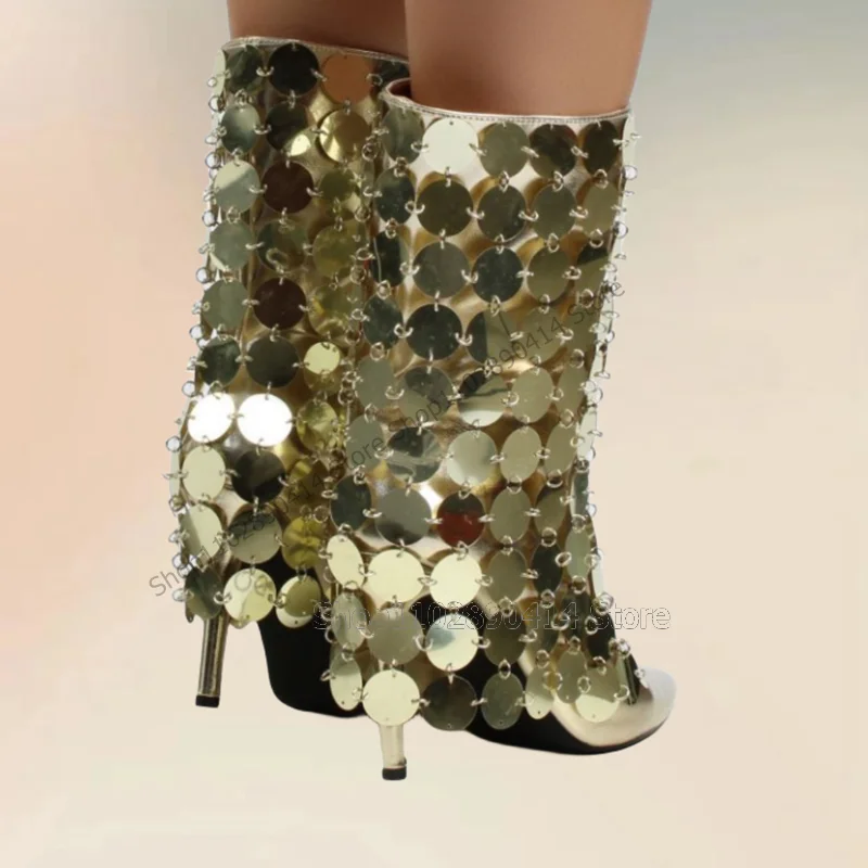 Bottes pointues à paillettes dorées pour femmes, chaussures à enfiler, talons hauts fins, décoration de fête, roman, 2023