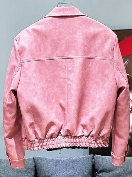 Retro Style Pink Zipper Collar Jacket Handsome Metal Buckle Motorcycle Fashion Men's Outerwear Long Sleeve Standard Fit