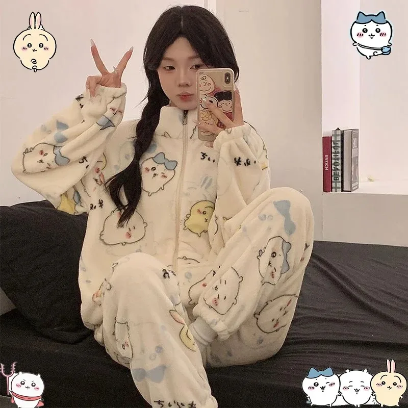 Chiikawa Cute Cartoon Women Pajamas Set Winter Warm Flannel Zipper Stand Collar Sleepwear Thick Fleece Homewear Anime Set Gift
