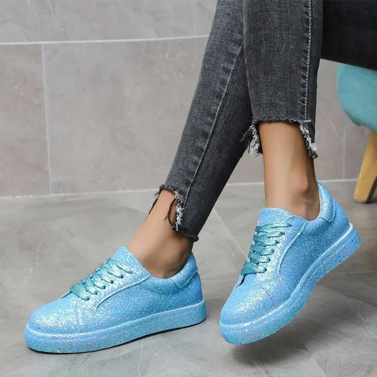 2022 Women Lace Up Sneakers Glitter Autumn Flat Vulcanized Ladies Bling Casual Female Fashion Platform Fashion Flat Shoes