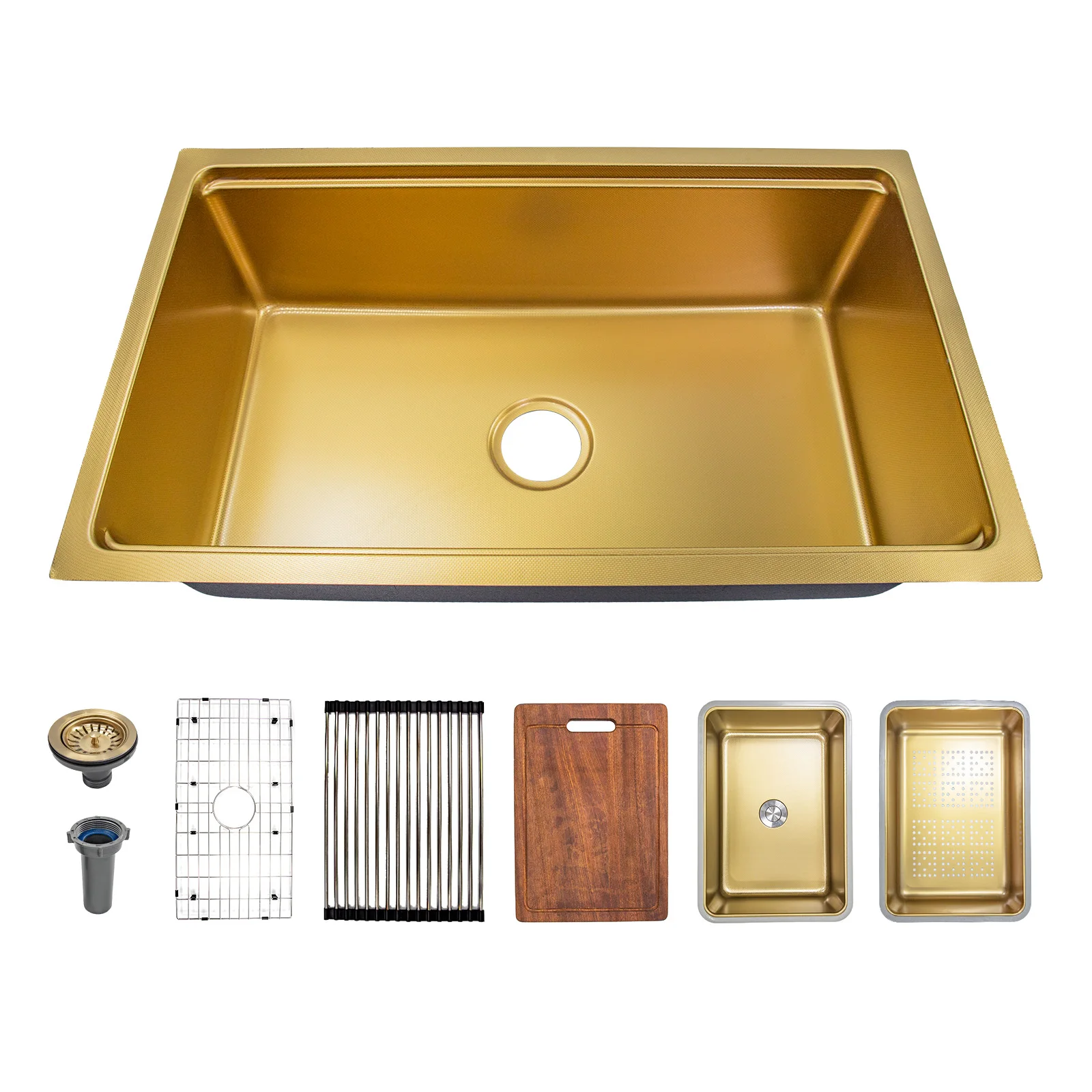 Gold Undermount Single Bowl Stainless Steel 304 Modern Design Kitchen Sink With Cutting Board And Drain Strainer Without Faucet