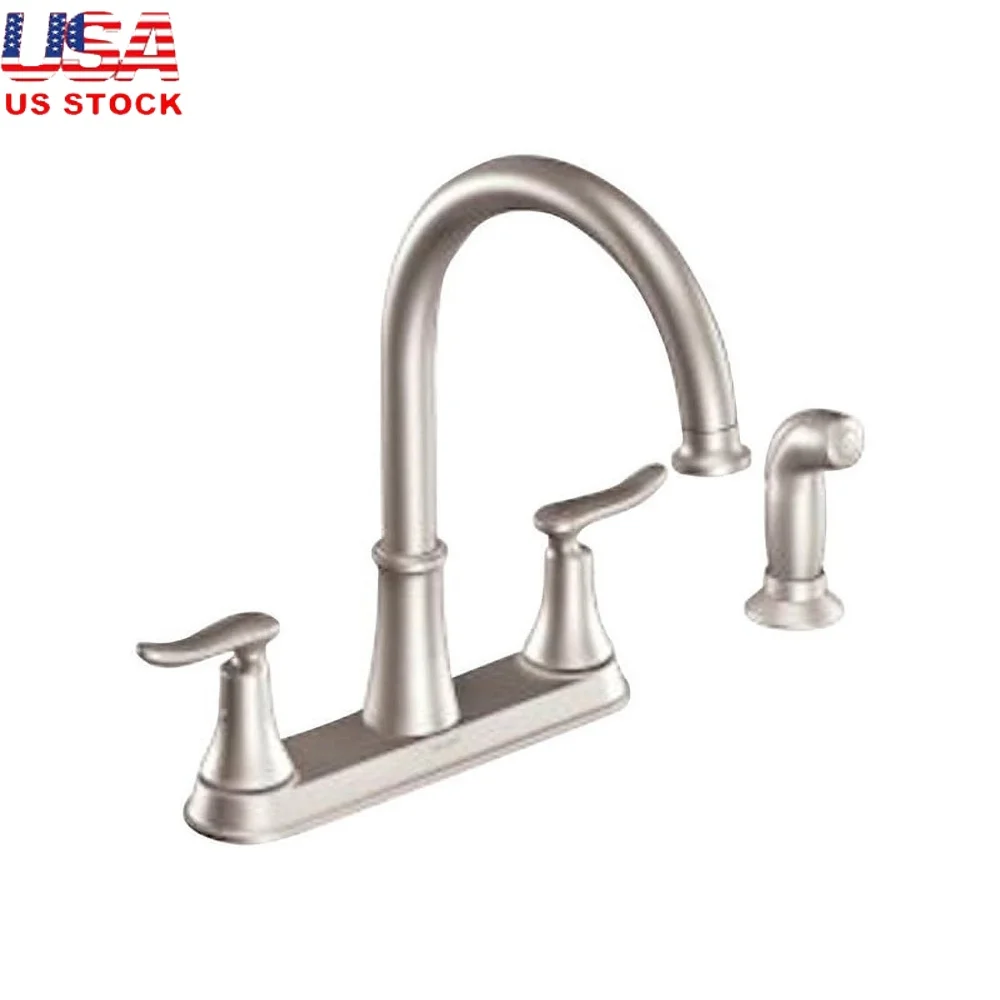 

Смеситель для кухни с высокой дугой и боковым распылителем, двумя ручками, простая установка, Duralock, быстрое подключение, устойчивый к пятнам, нержавеющая отделка, ADA