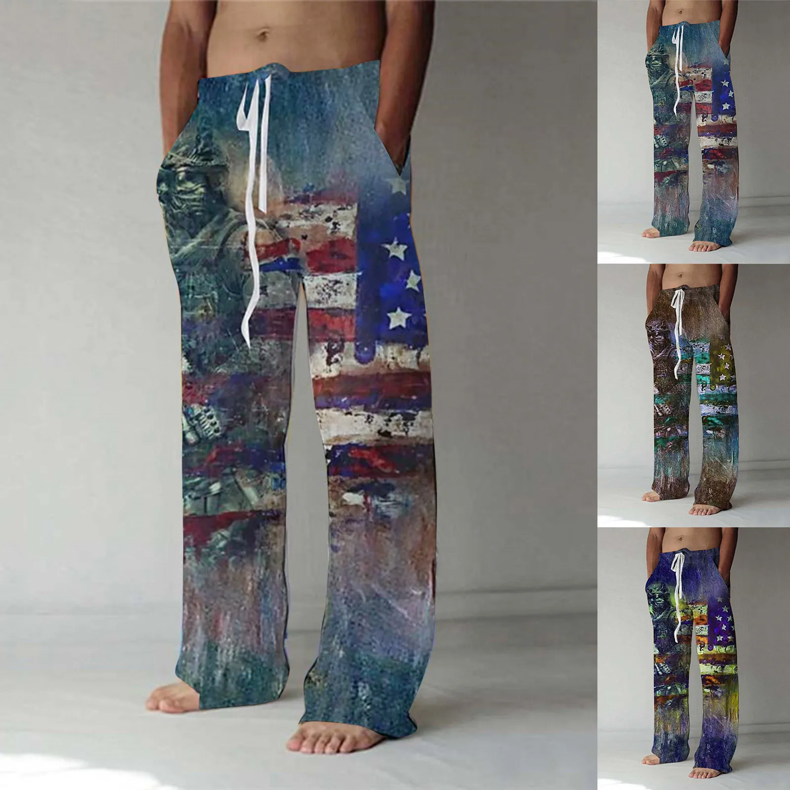 

E Motion Pants for Men Crease Pants h Band Mens Independence Day Four Seasons Chouxiangma Digital 3D Printed