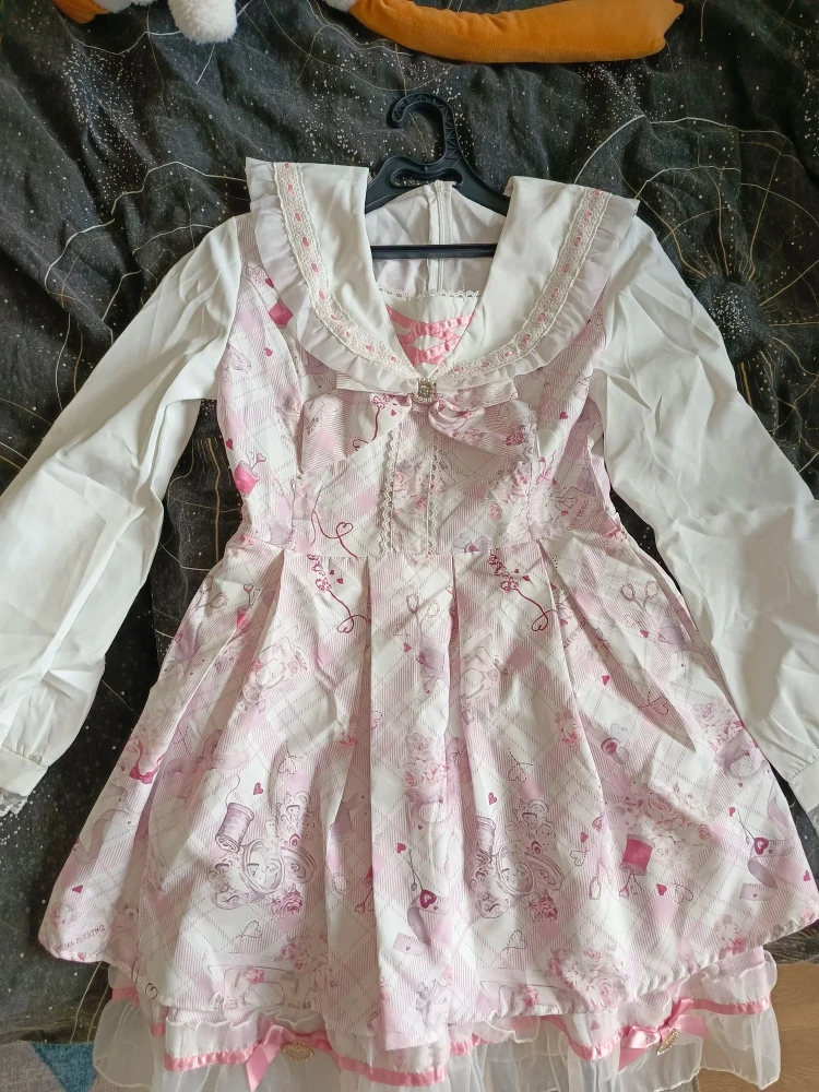 الخريف اليابانية الحلو لوليتا Kawaii فستان المرأة الربيع المطبوعة القوس تصميم وهمية قطعتين فستان الإناث الوردي كوريا الملابس الشعبية