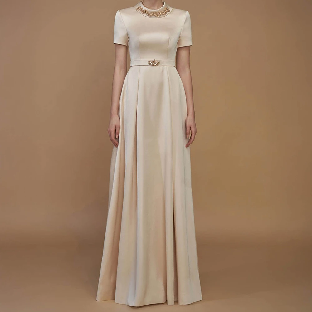 

Women's A-line Evening Dresses Floor-length High-neck Short Sleeve Prom Gown Fashion Crystal Simple Draped Customized Gowns