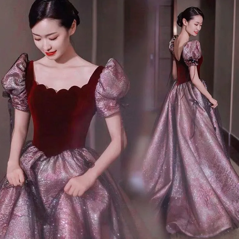 Elegancka suknia wieczorowa z bufiastymi rękawami 2026 Nowa suknia ślubna na toast Egzamin artystyczny Wokalna prowadząca Chór Zaręczyny Sukienka wieczorowa na ramiączkach