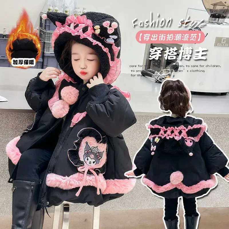 Kuromi Sanrios Cotton Clothes Kawaii Cartoon Girl Plus Velvet Coat Quilted Autumn Winter New Child Clothing Thicken Jacket