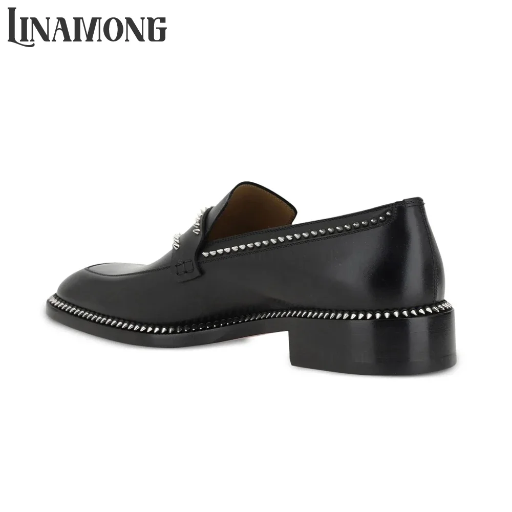 Black Spike Loafers Almond Toe Silver-Tone Studs Leather Shoes Designer Style Handmade Shoes for Men Almond Toe Slip-On Loafers view 4