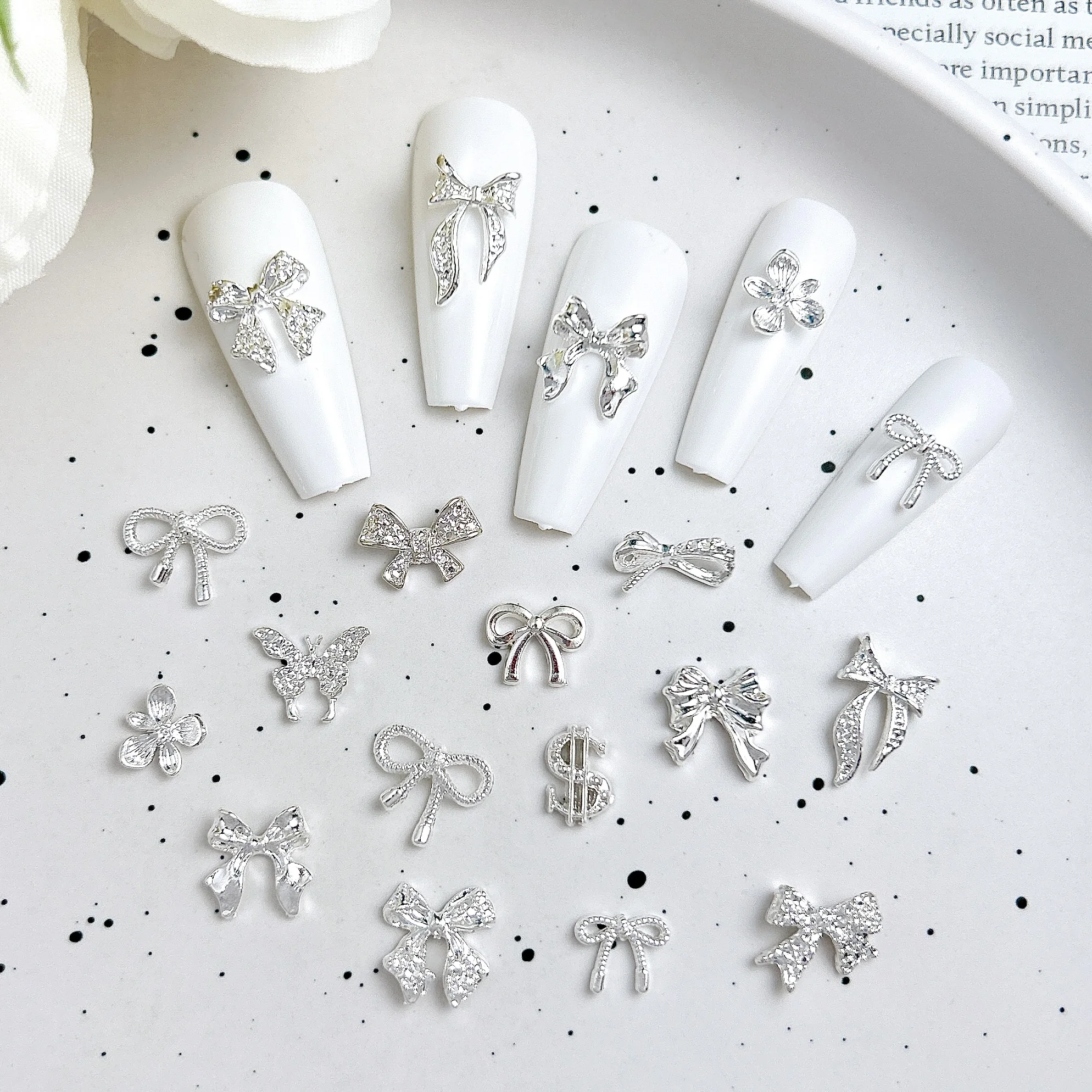20PCS 3D Light Luxury Bow Alloy Nail Charms Minimalist Exquisite Line Bow Flower Nail Art Decorations for DIY French Cool Nails