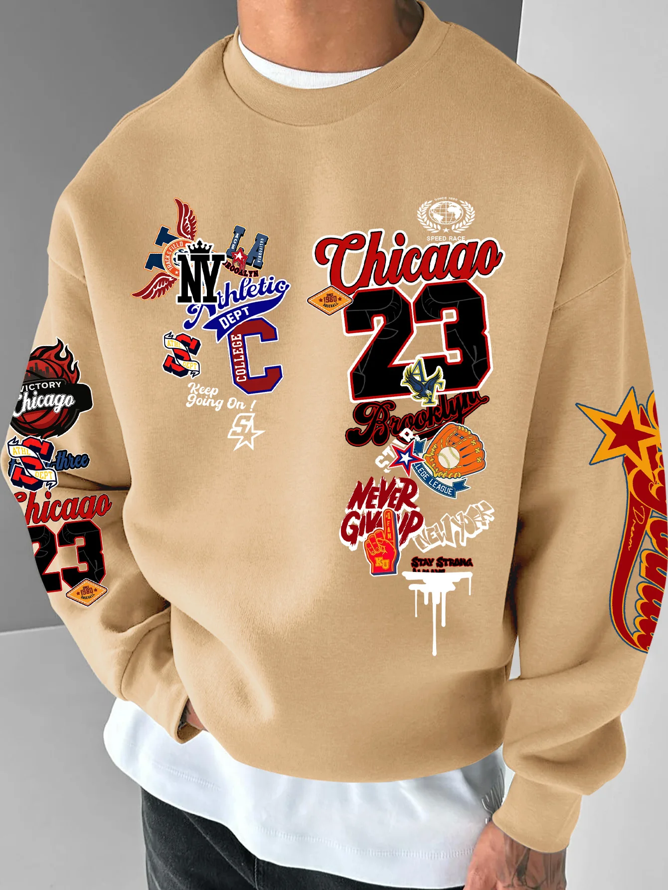 Herren-Sweatshirt mit Rundhalsausschnitt, American Street Style, Chicago 23 Multi-Badge-Print, Polyester, Alltagskleidung, S-XXL – Detail 8