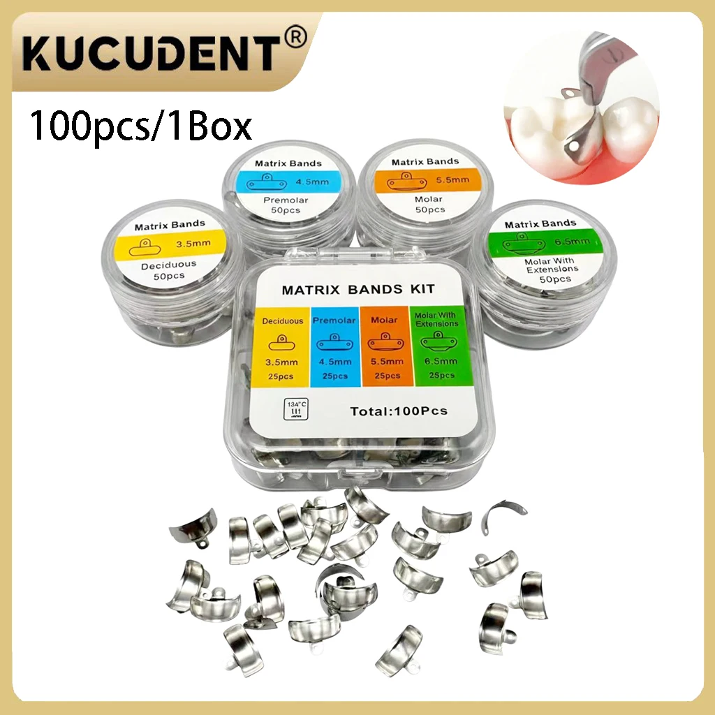 KUCUDENT 100 Pcs Dental Sectional Matrix Bands Contoured Metal Matrices System with Holes for Orthodontic Dentistry Materials