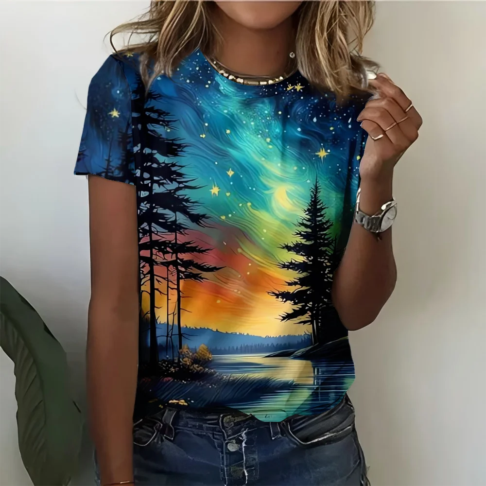 

Женская футболка Starry Night Forest Dream Galaxy, повседневная, модная и удобная, темно-синяя, с коротким рукавом