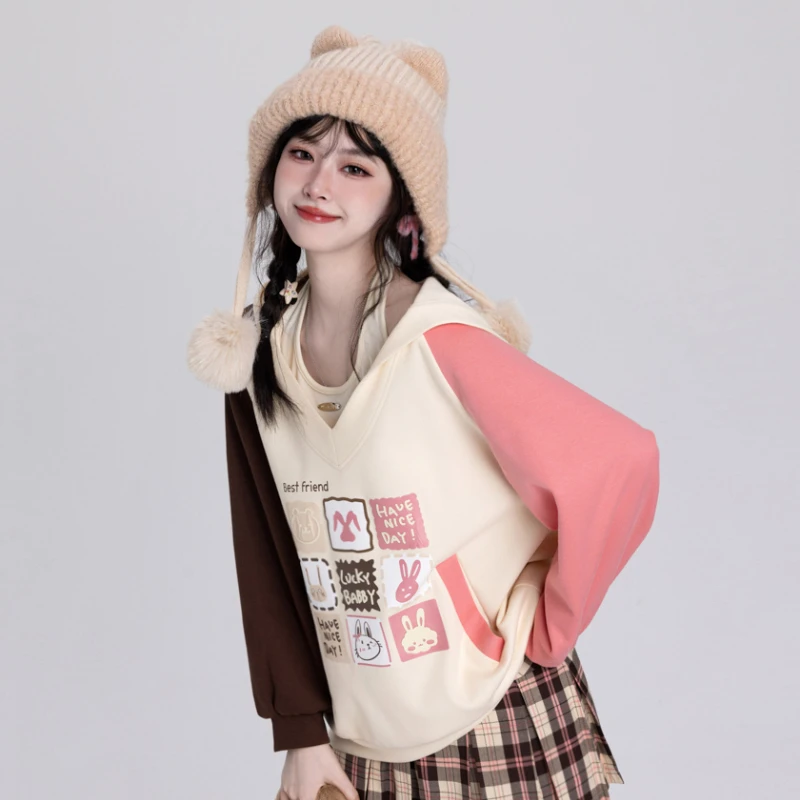 2024 Autumn New College Style Sweet and Cute Pink Gray Long-Sleeved Sweater Top For Girl