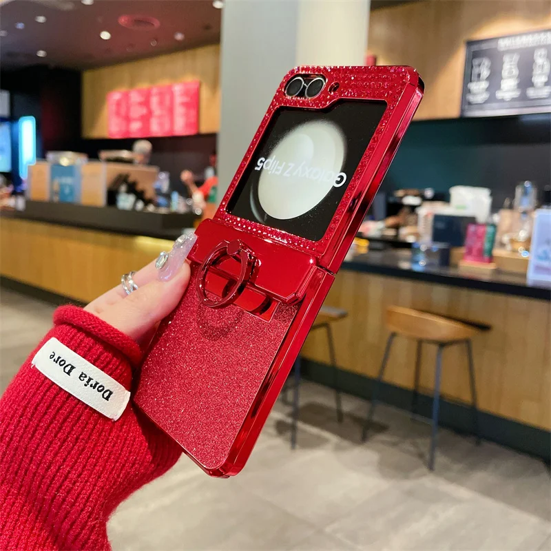 لسامسونج غالاكسي Z فليب 6 5 4 3 5G جراب هاتف فاخر مطلي بلينغ بريق حلقة قابلة للطي للصدمات الصلب واقية كوف #2