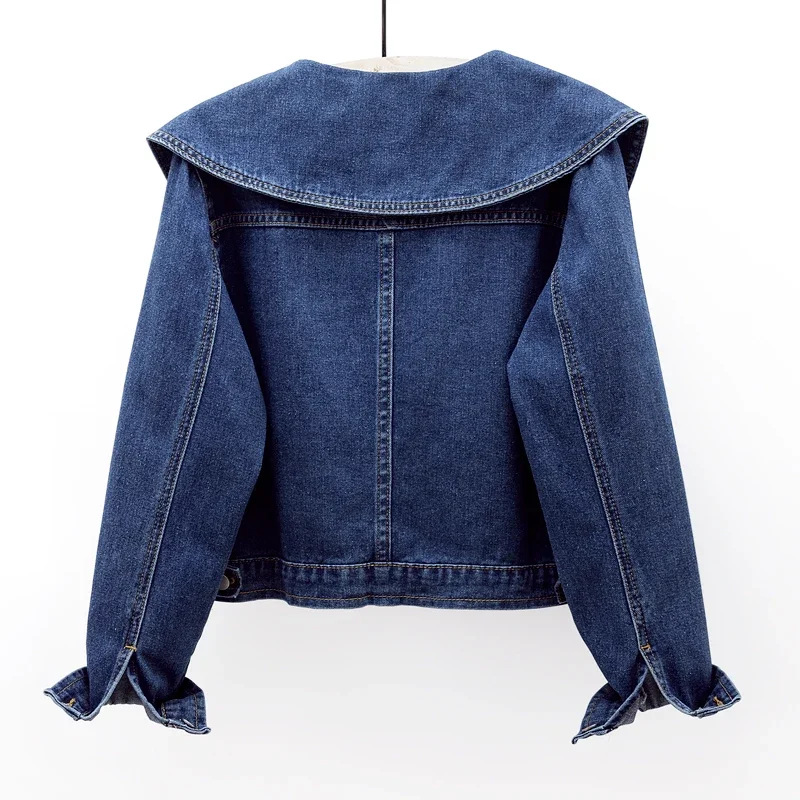 Vintage Dunkelblau Sailor Kragen Denim Jacke Frauen Lose Kurze Cowboy Oberbekleidung Langarm Große Tasche Jeans Jacke Mantel Weibliche