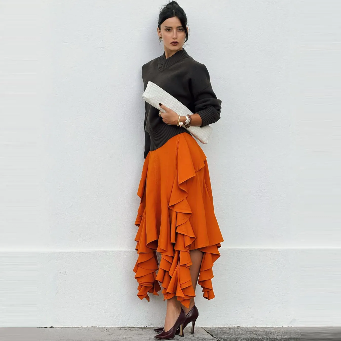 

Women's Fashion Orange Ruffle Hem Midi Skirt High Quality Polyester Material Fit Perfect for Casual and Formal Occasions