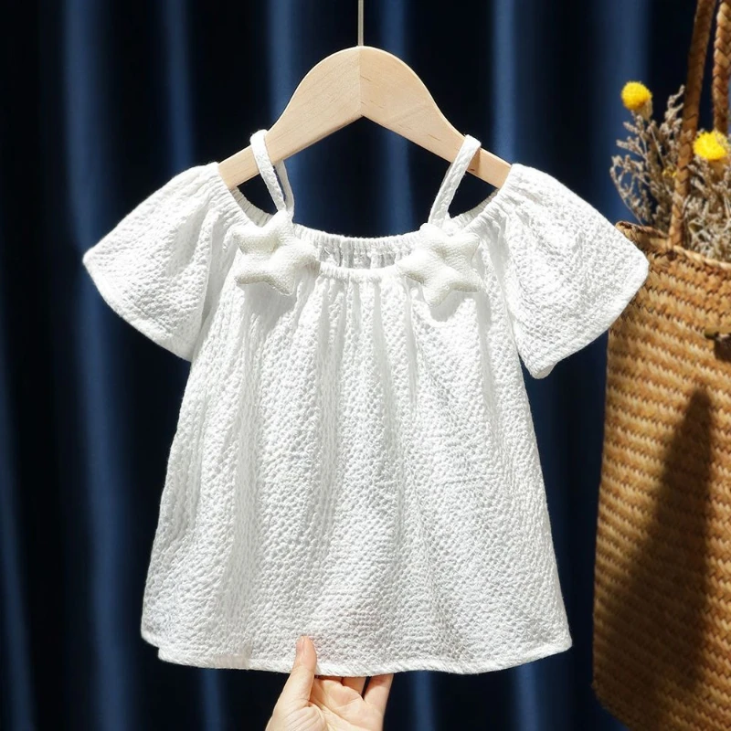 2026 New Baby Girl Clothes Off Shoulder Short Sleeve Chiffon Blouse Kids Fashion Cute Summer Top for Infant Toddler
