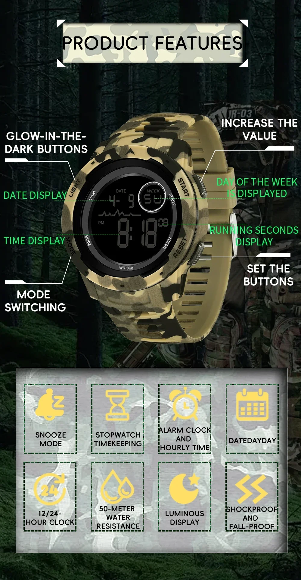 Fashion Sanda Top Brand 2185 Electronic Watch Camouflage Military Style Trend Cool And Dazzling Men\'s Multifunctional Waterproof