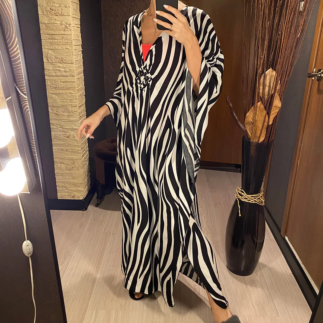 Sexy Tunika mit Zebra-Muster und V-Ausschnitt, Strandkleid, Strandmode, langes Strandkleid für Damen, V4159 – Detail 5