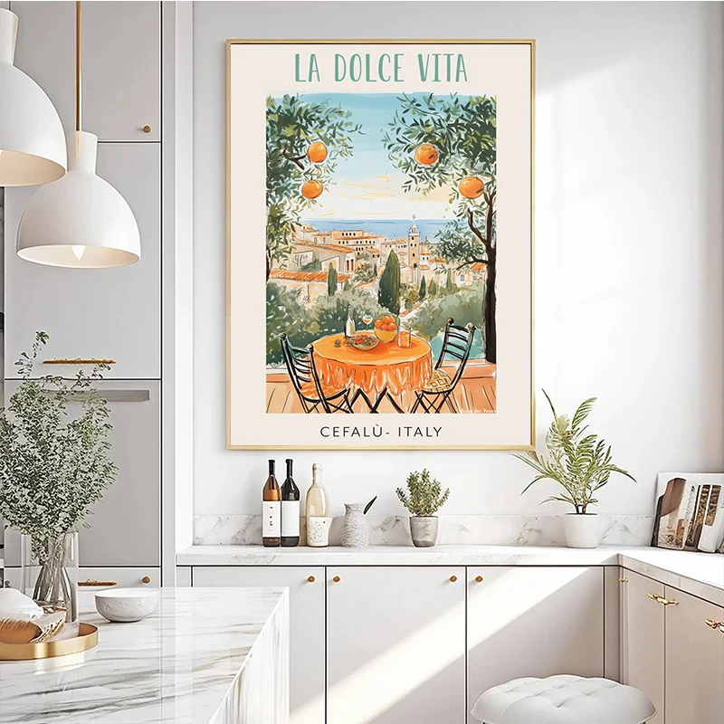 Vintage Italy Travel Food Spaghetti Coffee Mediterranean Coast Landscape Poster Canvas Painting Wall Picture Home Kitchen Decor