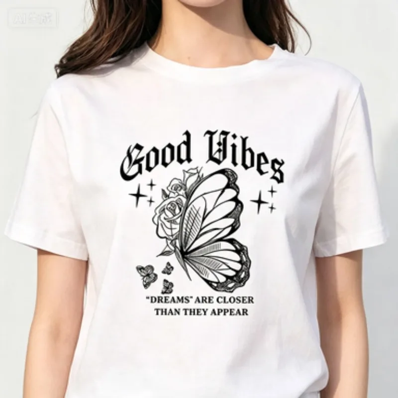 Positive Quote Women Cotton T Shirt Good Vibes Floral Butterfly Line Drawing Retro Gothic Graphic Loose Casual Crew Neck Tops