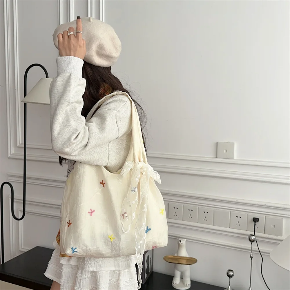 

Women's Tote Bags Korean Chiffon Cherry Bow Embroidered Sweet Shoulder Bags Large Capacity Lightweight Luxury Brand Handbags