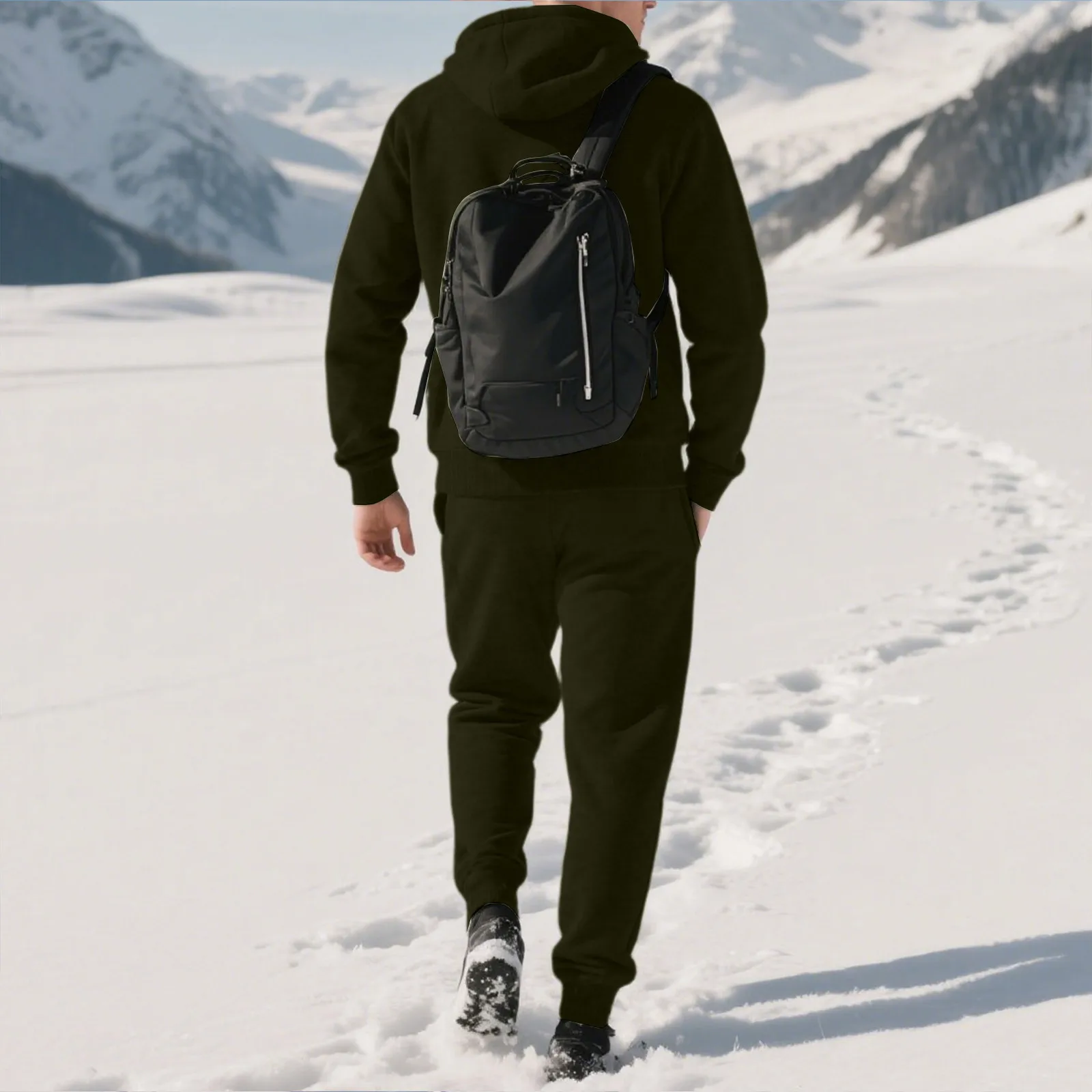 ชุดกีฬากลางแจ้งสำหรับผู้ชาย ฤดูใบไม้ผลิ/ฤดูใบไม้ร่วง เสื้อฮู้ดสีพื้นพร้อมแจ็คเก็ตมีฮู้ดบุขน และกางเกงขายาวสำหรับผู้ชาย