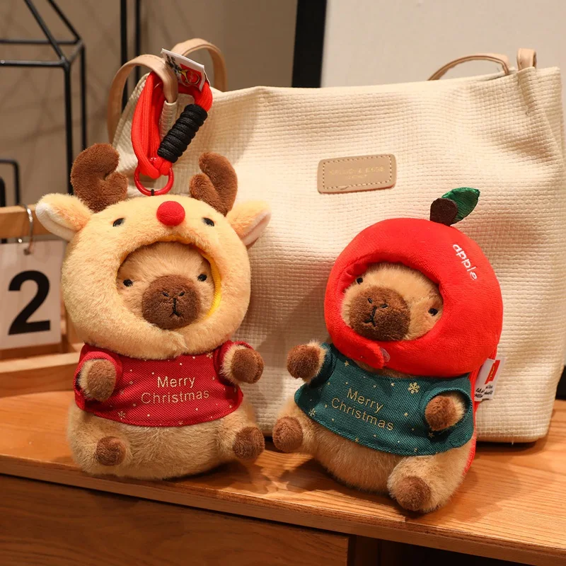 15CM Christmas Capybara Plush Toy with Santa Hat Kawaii Xmas Cosplay Transform Capybara Stuffed Animal Soft Cuddly Pendant Doll