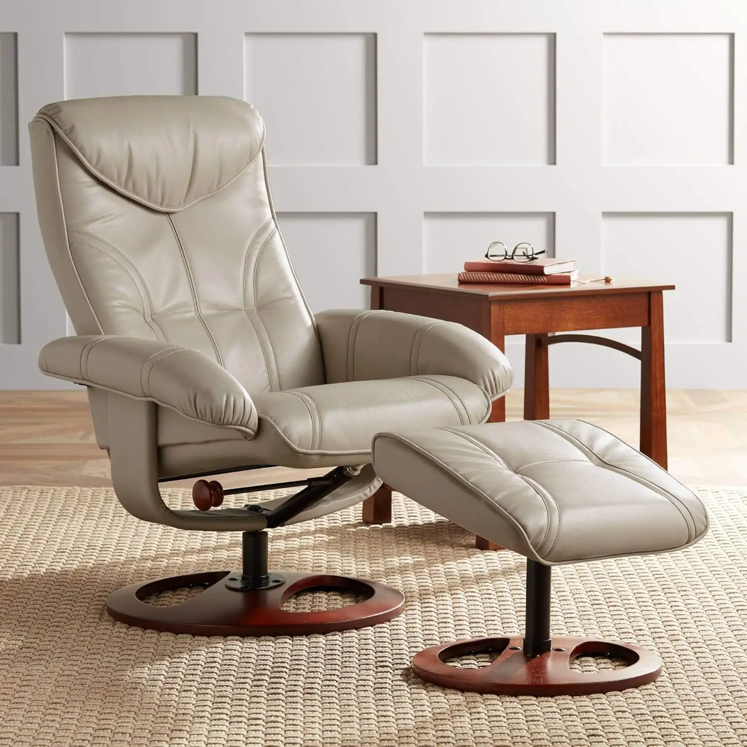 Newport Taupe Swivel Faux Leather Recliner Chair with Ottoman Footrest Modern Armchair Ergonomic Manual Reclining