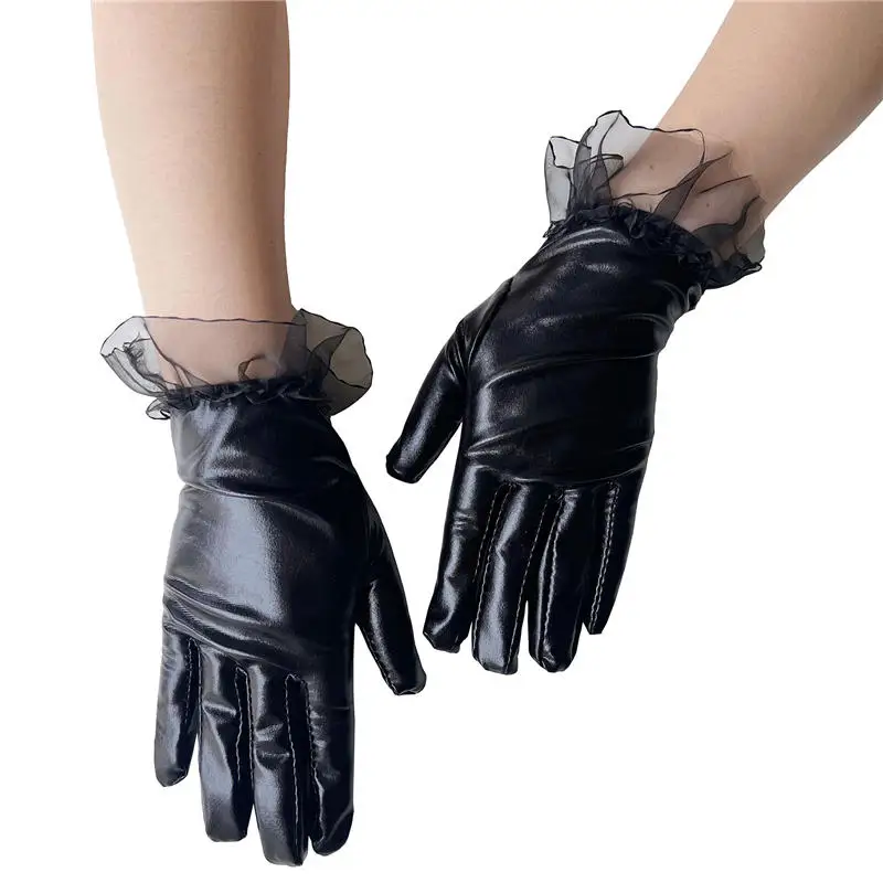 Black Patent Leather Gloves Short Fingerless Full Fingers Gloves Halloween Dance Leather Lolita Gloves Wholesale