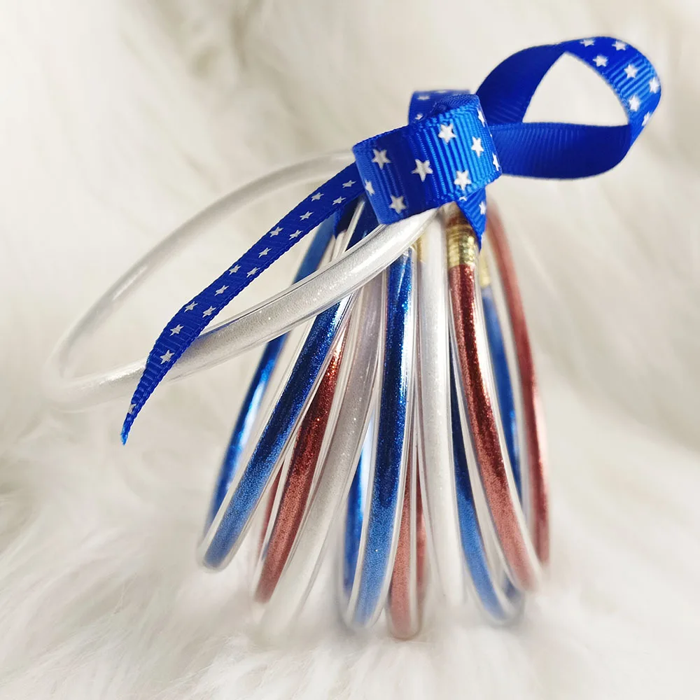 3/6/9 Pcs Shiny Red White Blue Ribbon Glitter Jelly Bangle Patriotic Festive Holiday Party Jewelry Fashion Women Gift Wholesale