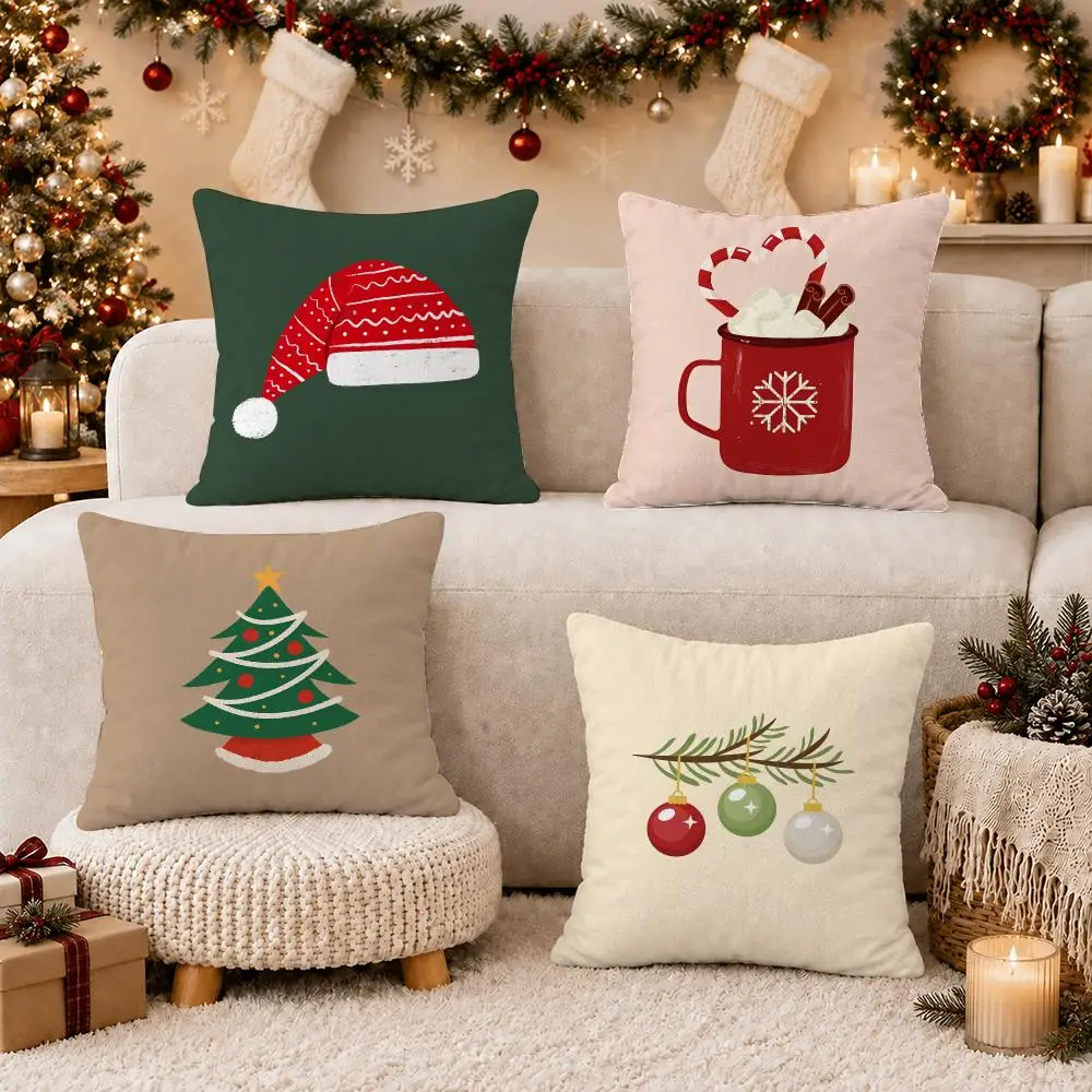 Christmas Hat and Balls Cushion Cover Soft Short Plush Double-Sided Printing Home Decor Festival Party Pillow Case Gift