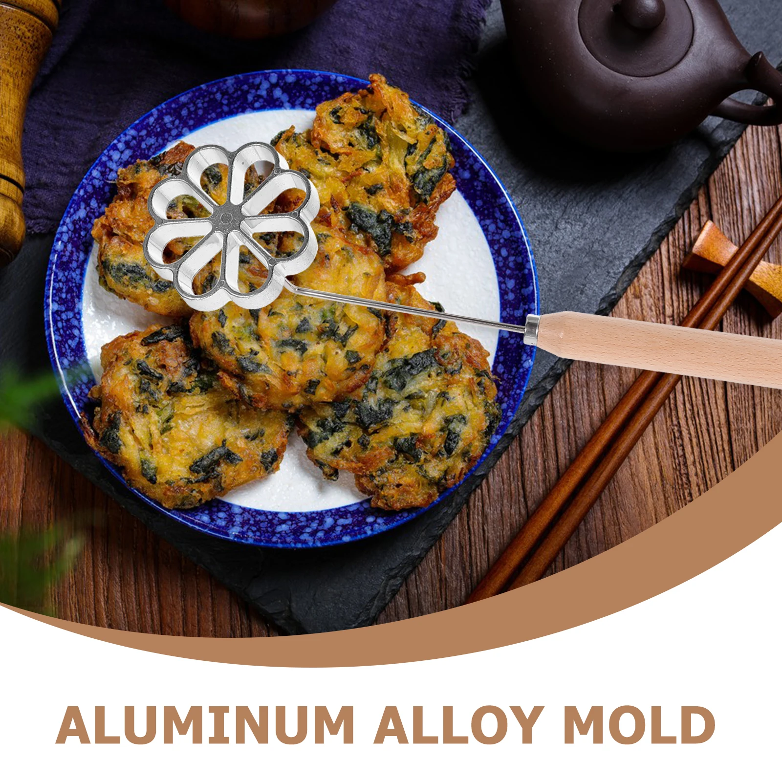 

1 set Fried Snack Mold Aluminum Wood Handle Baking Tray Kitchen Tools Cookie Dough Molds Fryer Shrimp Cake Radish Patty Oil Wear