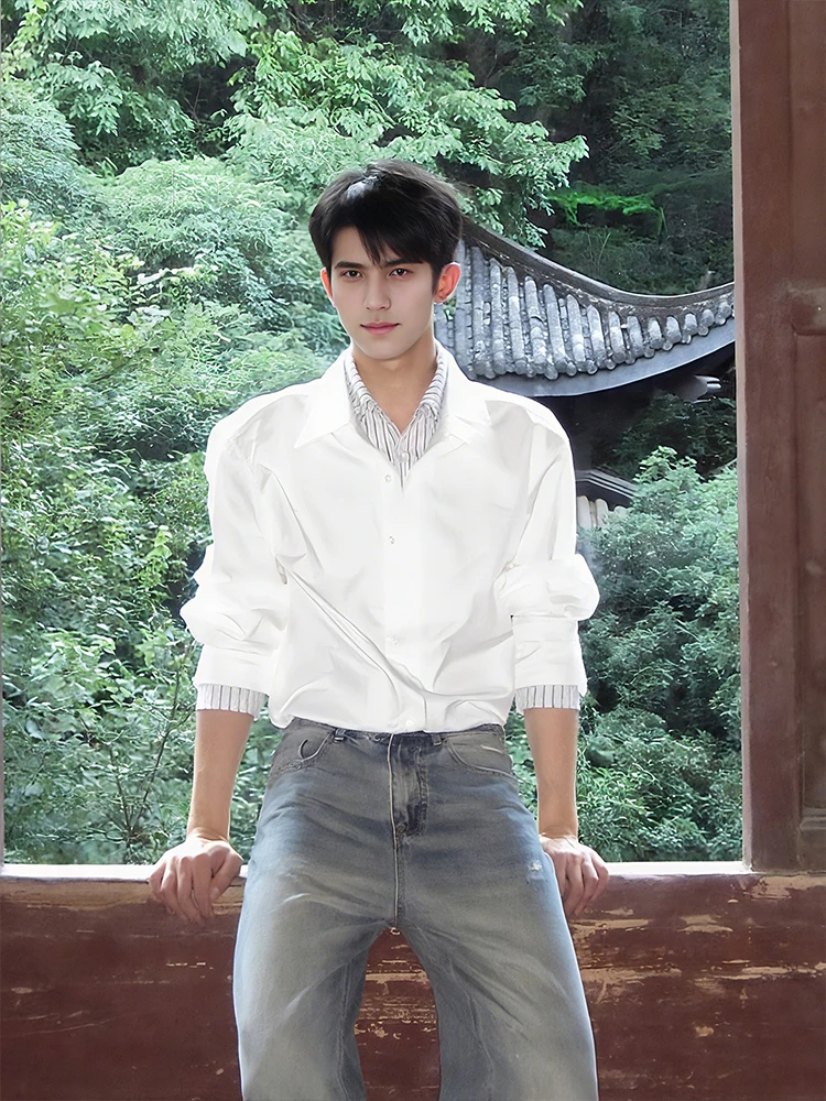 

Мужская верхняя одежда в белую полоску в стиле пэчворк irt Couple Sle, осенняя повседневная длинная свеч на пуговицах, свободная верхняя одежда обычной длины