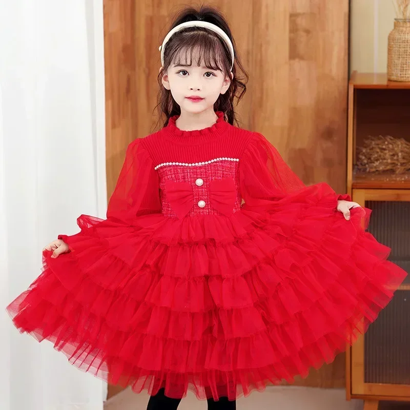 Winter Cake Sweater Dress Girls Knitted Dress Autumn Clothes Lace Kids Dress for Girls Princess Costume Warm Christmas Dresses