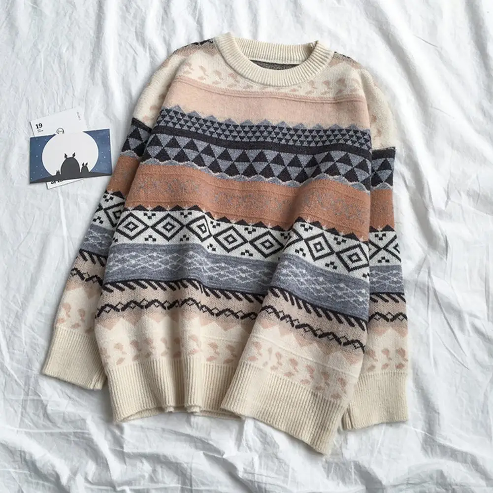 

Knit Pullover Striped Print Knitwear Women's Casual Loose Fit Sweater for Autumn Winter O-neck Long Sleeve Pullover Tops Retro