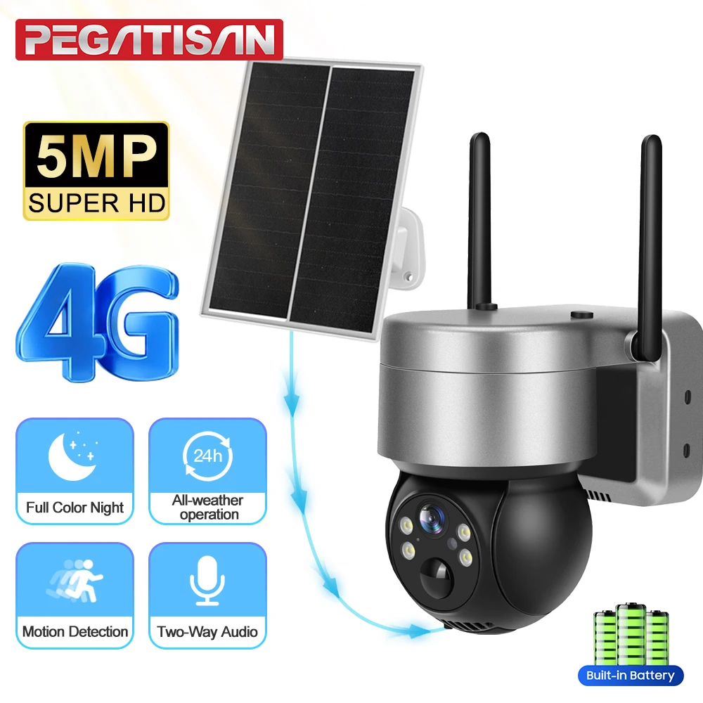 

5MP IP Solar Power WiFi Camera Outdoor PTZ IP66 Waterproof 7800mAh Built-in Battery Surveillance Cam PIR Human Detection