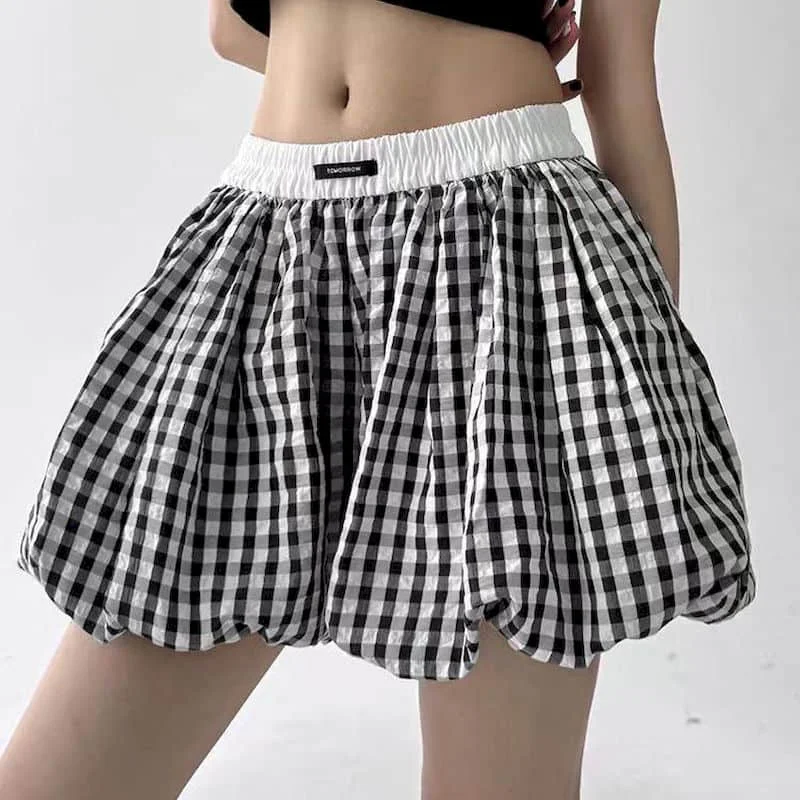 Pantaloncini scozzesi Elegante bocciolo di fiore A-line a vita alta Gamba larga Pantaloncini soffici Pantaloni lanterna in vita elastica Abbigliamento donna stile coreano