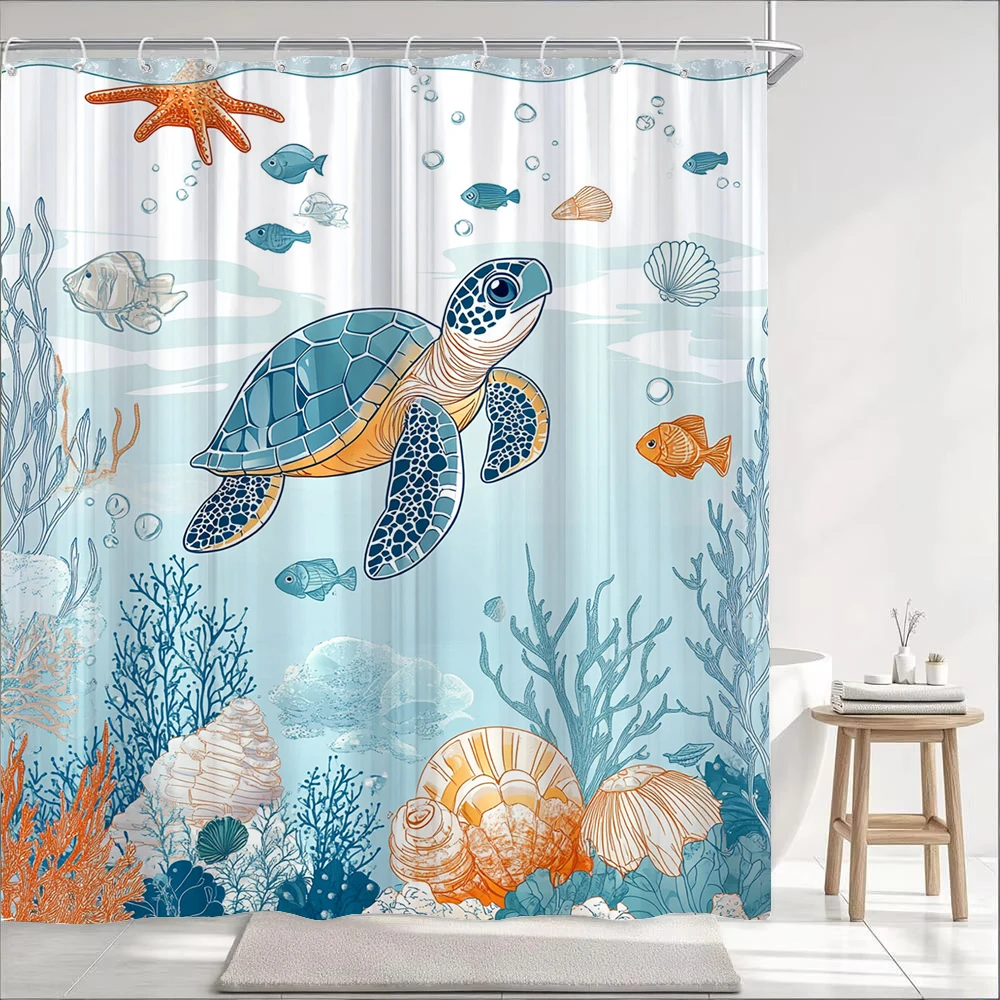 1pc Sea Turtle Print Waterproof Shower Curtain,Beach Coastal Ocean Turtle Starfish Partition Privacy Hanging Curtain with Hooks