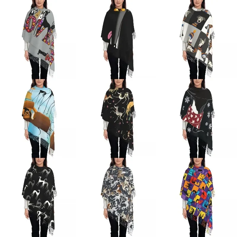 Ladies Large Garden Party Cute Greyhounds Lurcher Scarves Women Winter Fall Warm Tassel Shawl Wrap Whippet Sighthound Dog Scarf