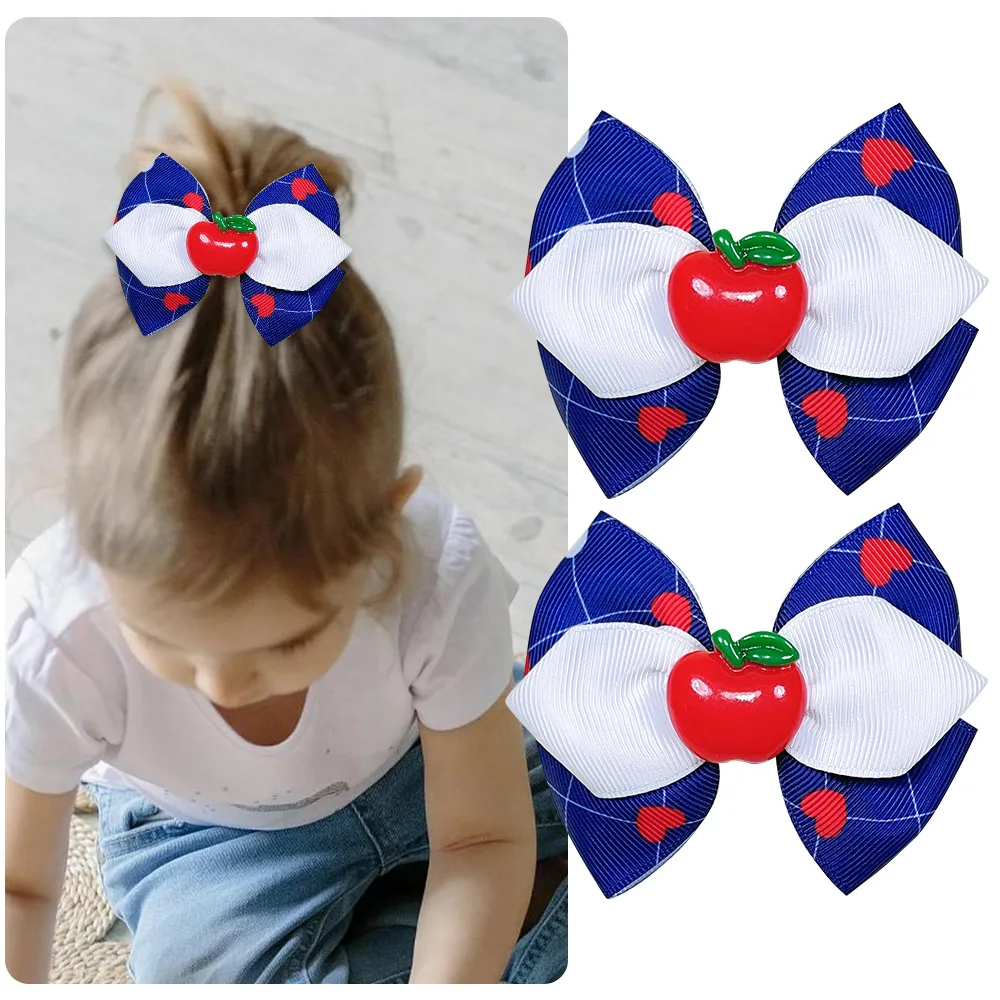 2PCS/Set Back to School Apple Hair Clip For Girls Grosgrain Hairpin Fully Lined Alligator Clips Kids Students Headdress