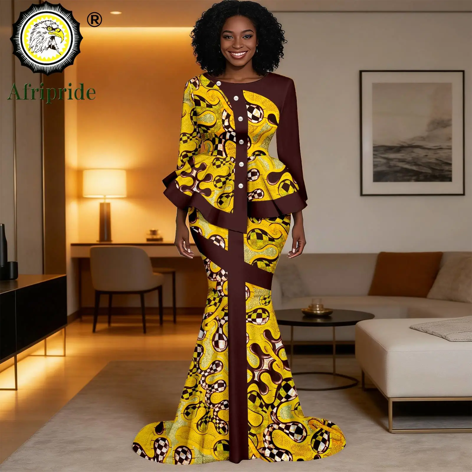 

African Clothes for Women Singe Breasted Shirts and High Waist Floor Skirts Set Print Outfits Elegant Dashiki Attire 2626027