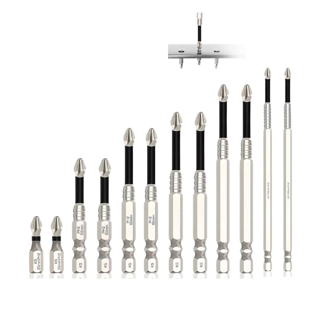 2025 New Anti Slip Screwdriver Bits, 12-Piece High-Magnetic Screwdriver Drill Bit Set, 25 50 65 70 90 150mm Drill Bit Set