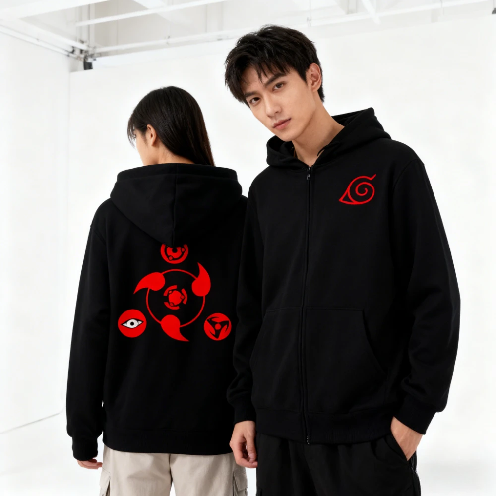 

New Naruto Sharingan Printed Zipper Hoodie Men's Casual Sweatshirt Top Open Fleece Jacket Street Wear Comfortable Loose Shirt